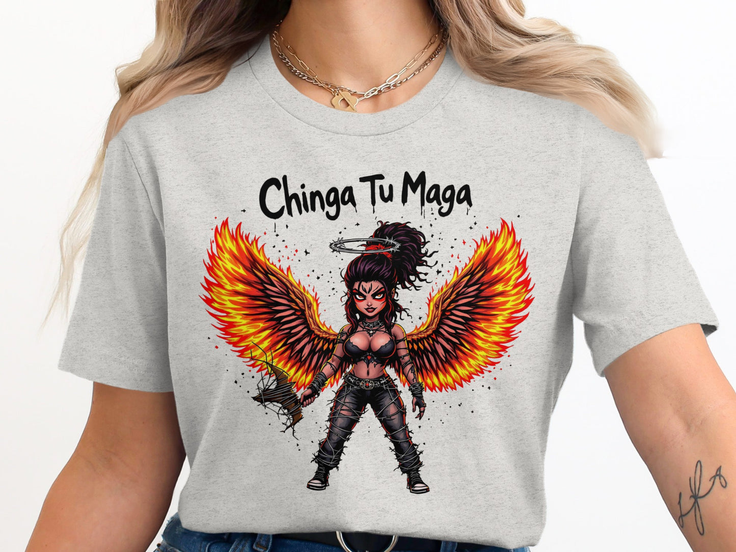 Chinga Tu Maga Angel with Flaming Wings T-Shirt product