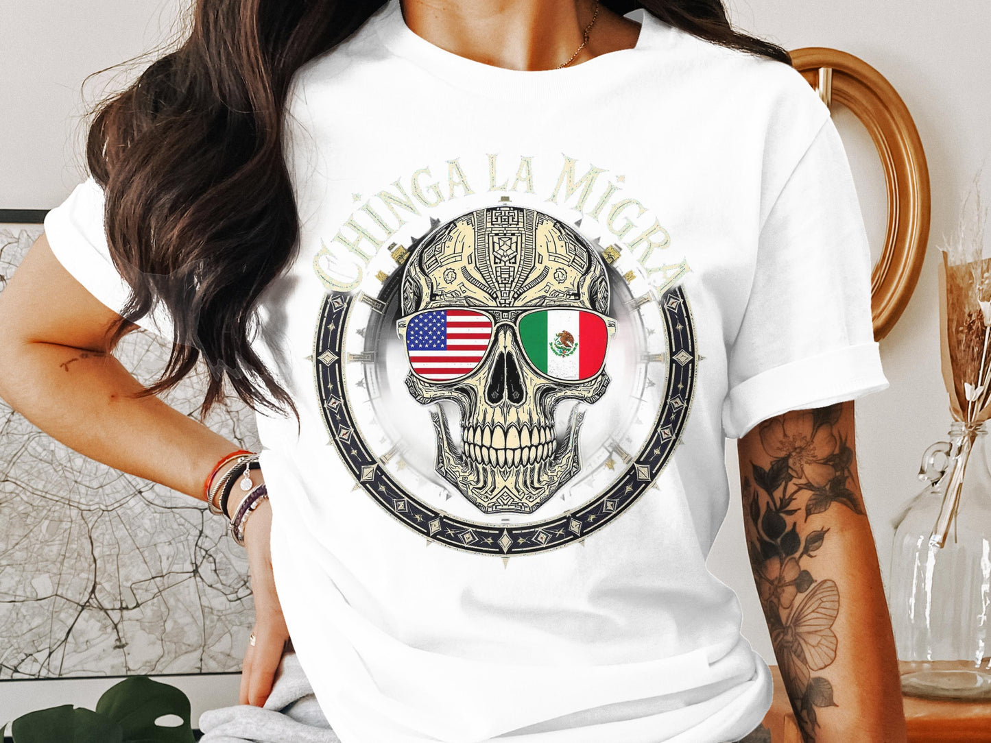 Chinga La Migra Skull Flag Glasses Short Sleeve product