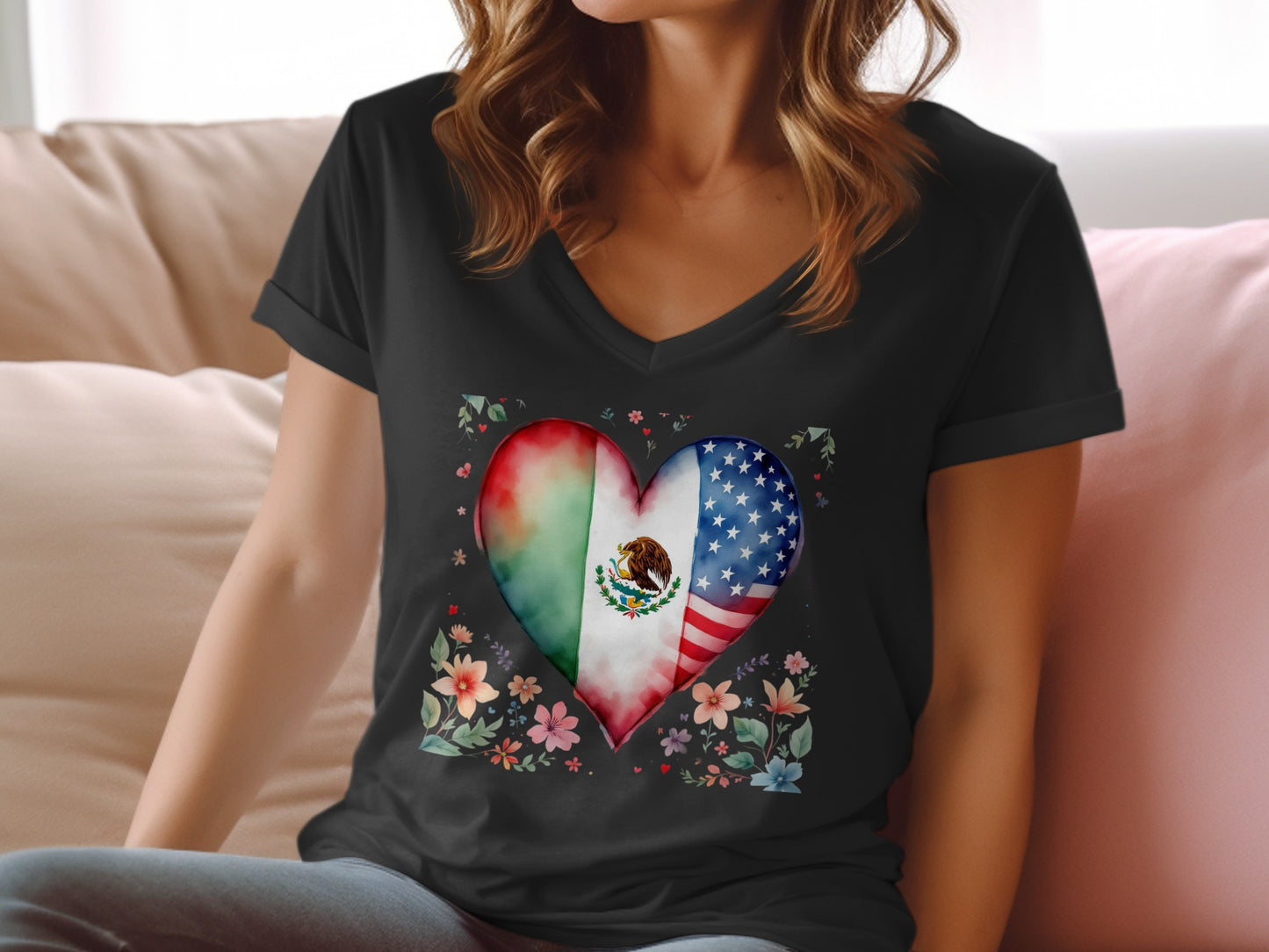Heart Shaped Mexican and American Flag T-Shirt product