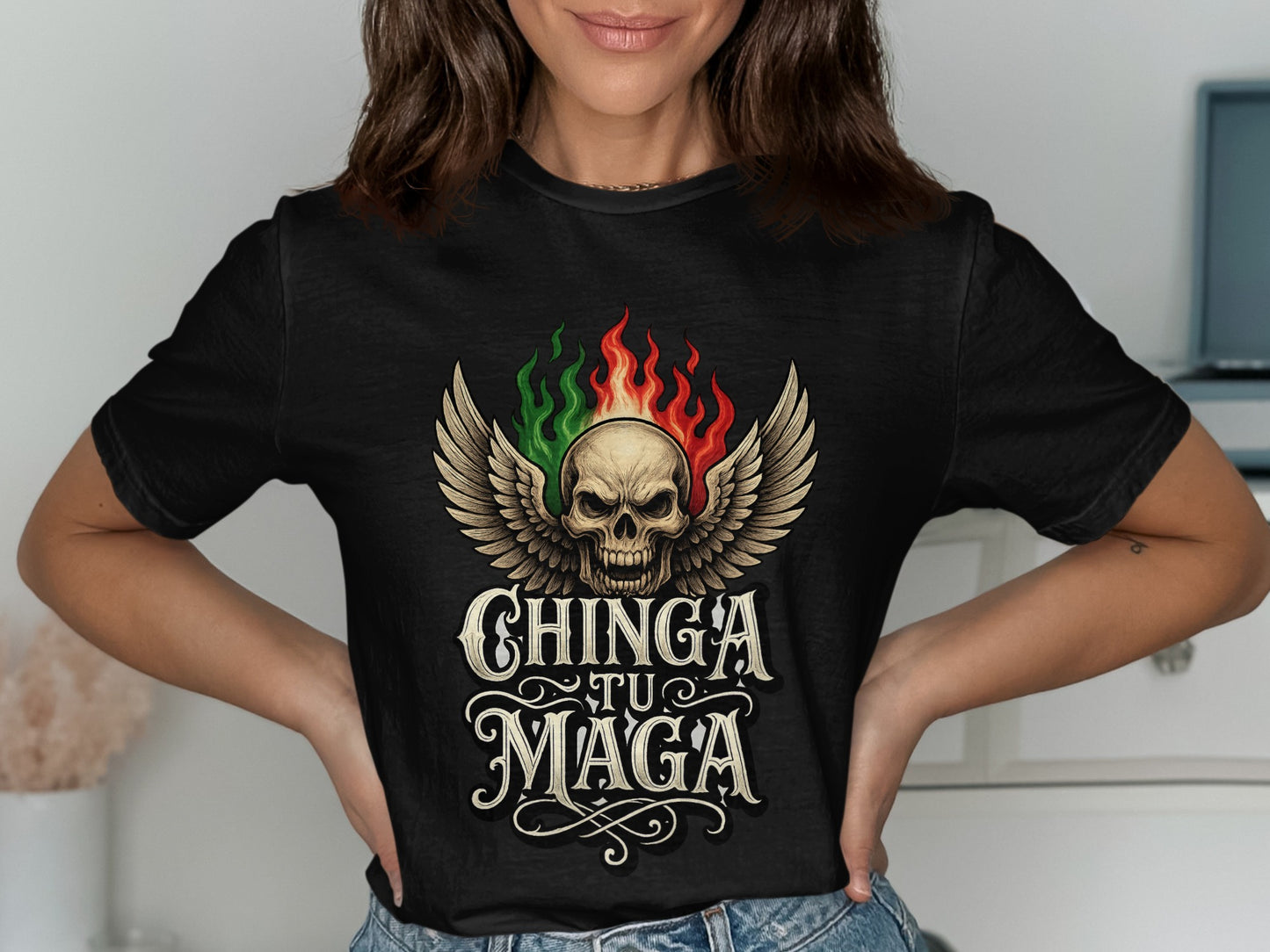 Chinga Tu Maga Skull Flame Wing Graphic Black Shirt product