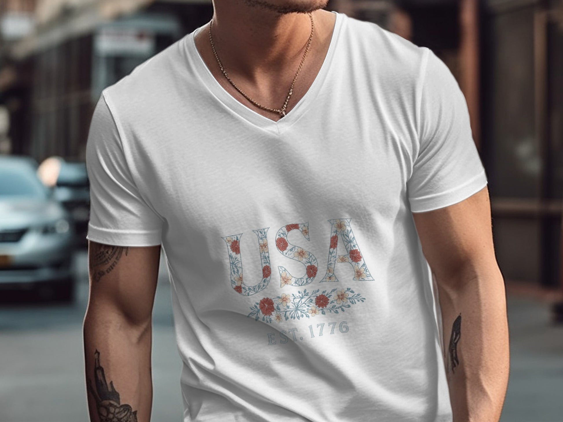 USA EST. 1776 Floral Graphic V-Neck T-Shirt product type