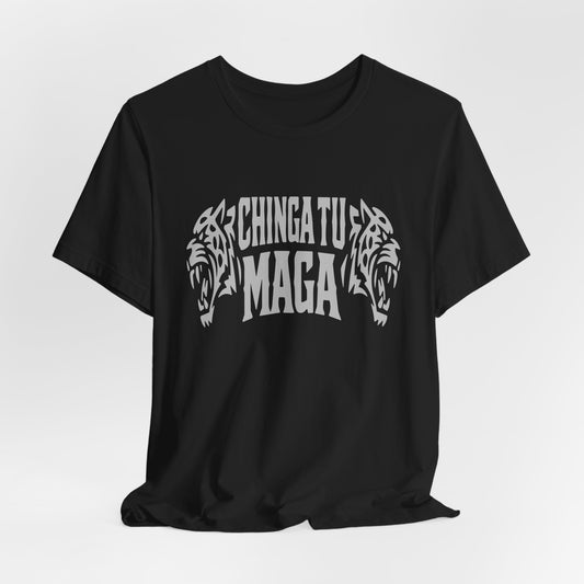 Black t-shirt with white "Chingatu Maga" text and tiger heads graphic.