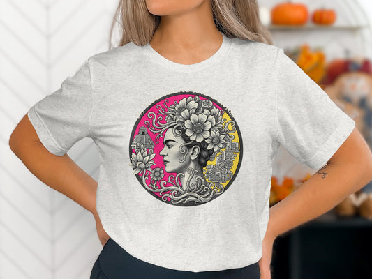 Frida Kahlo Portrait With Flowers and Aztec Symbols T-Shirts