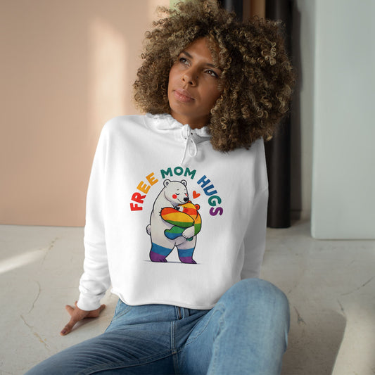 Colorful Bear 'Free Mom Hugs' Crop Hoodie | Fun, Cozy Gift for Moms, Pride, Celebrations, Casual Wear, Trendy Style