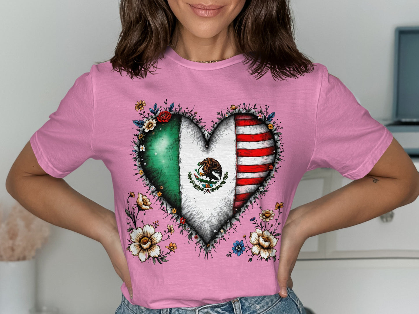 Heart-Shaped Mexico USA Flag Design Pink T-Shirt product type