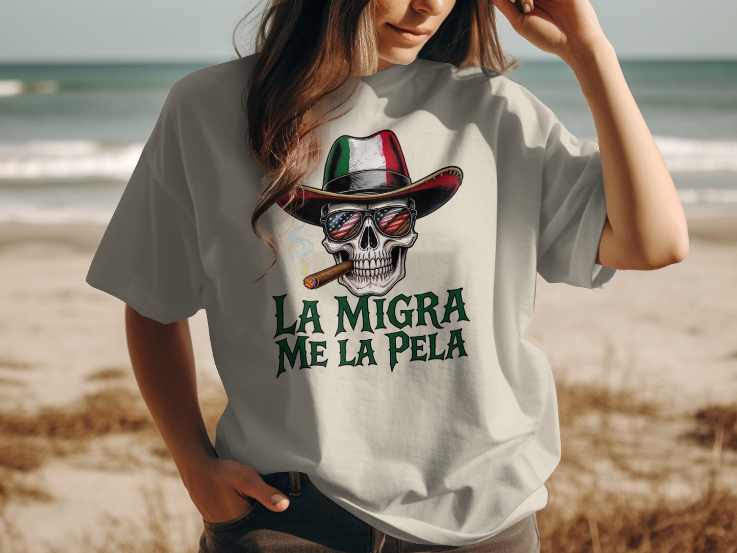 La Migra Me La Pela Skull Hat Cigar T-Shirt product type