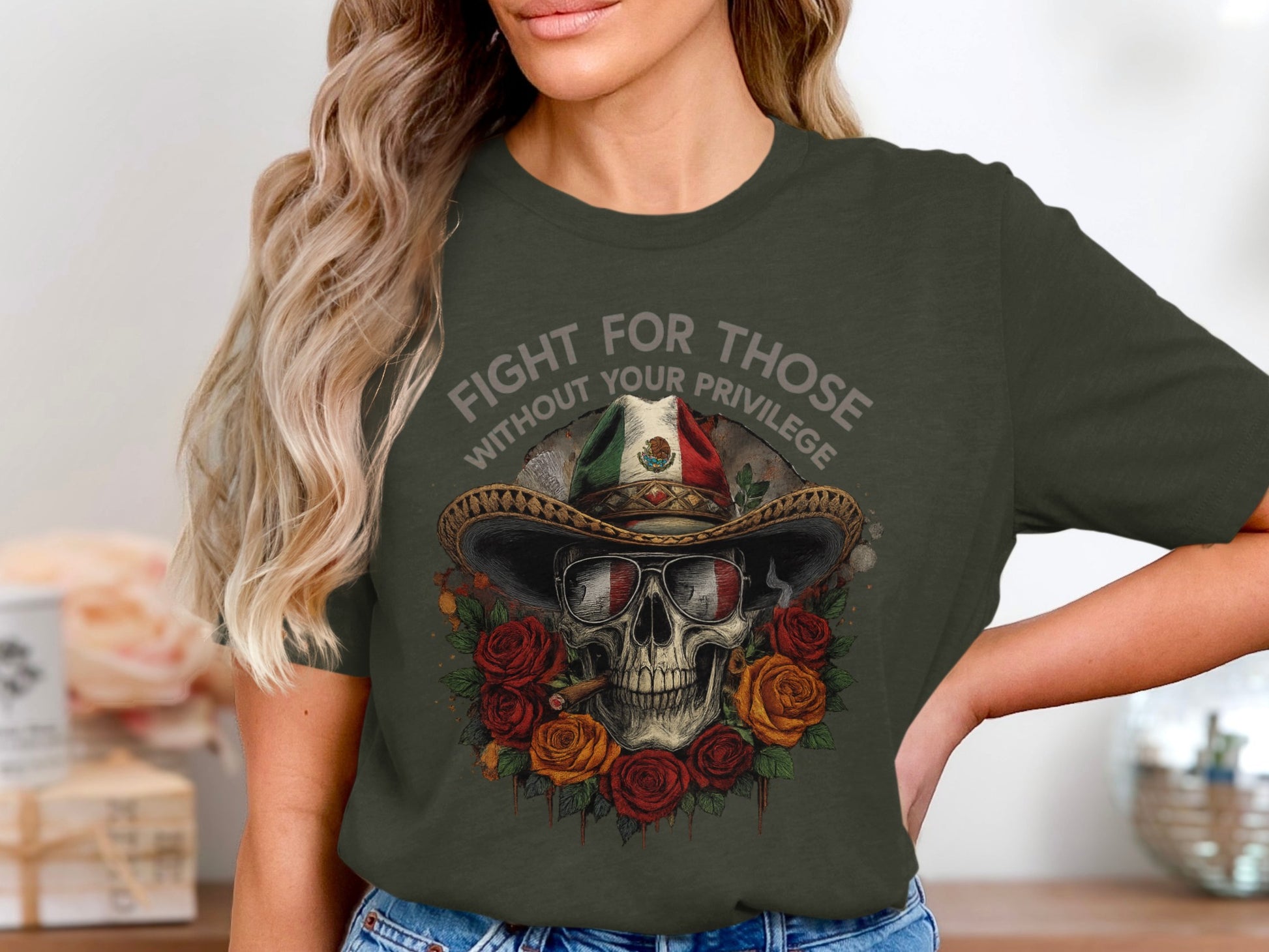 Vintage Skull Cowboy T-Shirt with Roses and Sunglasses