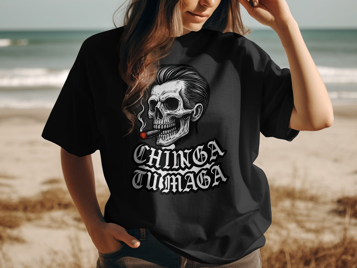 Chilling Skull and Hair Chinga Tumaga Graphic T-Shirt product type