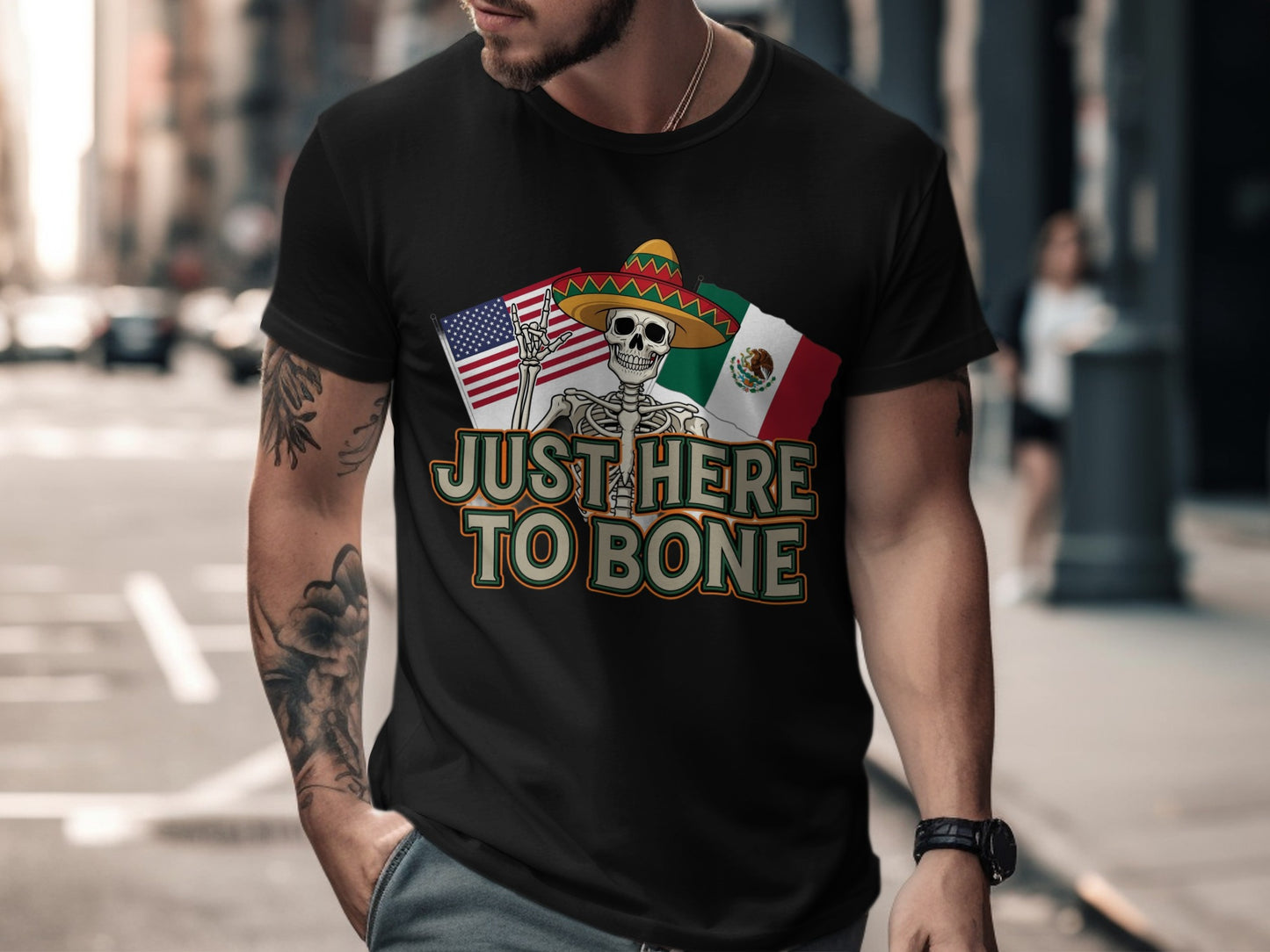 Just Here to Bone Skeleton Mexican American T-Shirt product