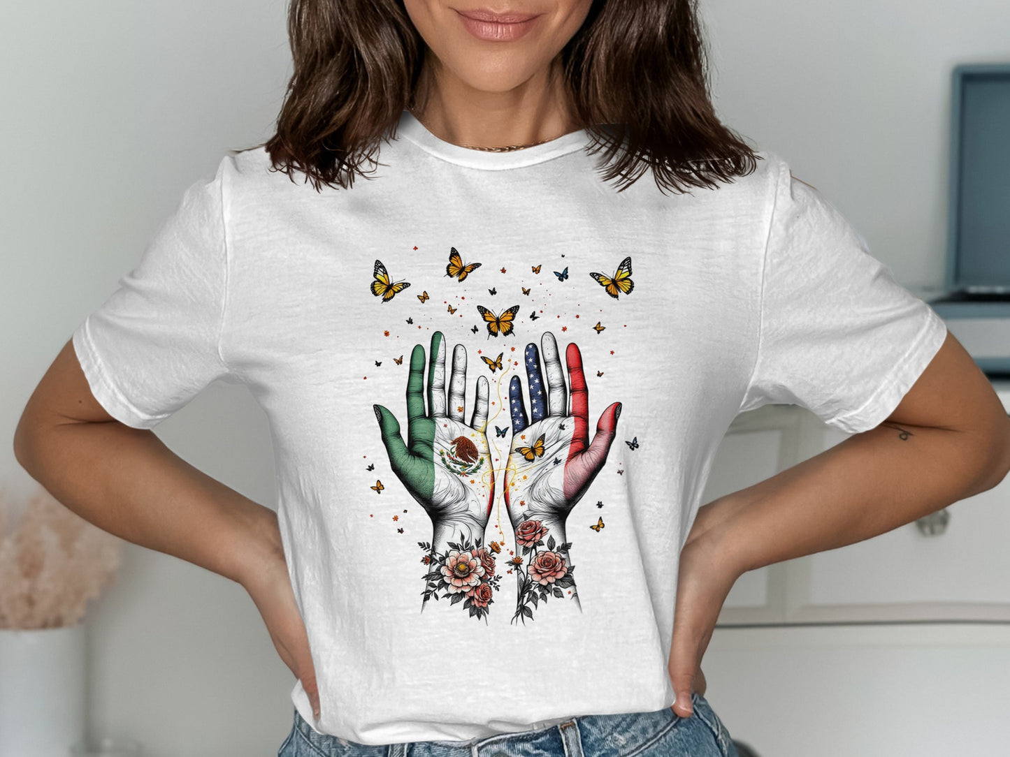 Mexican and American Flag Butterfly Hand T-Shirt product