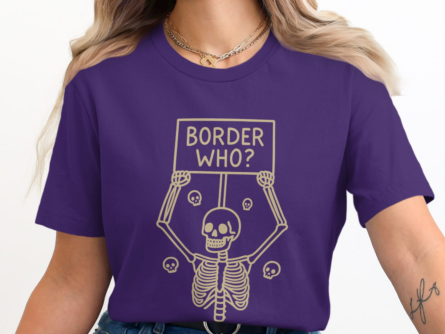 Skeleton Holding Sign Border Who Purple T-Shirt product type
