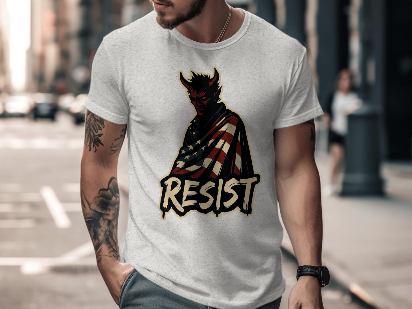 Resist Devil Wrapped in American Flag T-shirt
