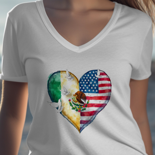 Heart-Shaped Mexican and American Flag T-Shirt product