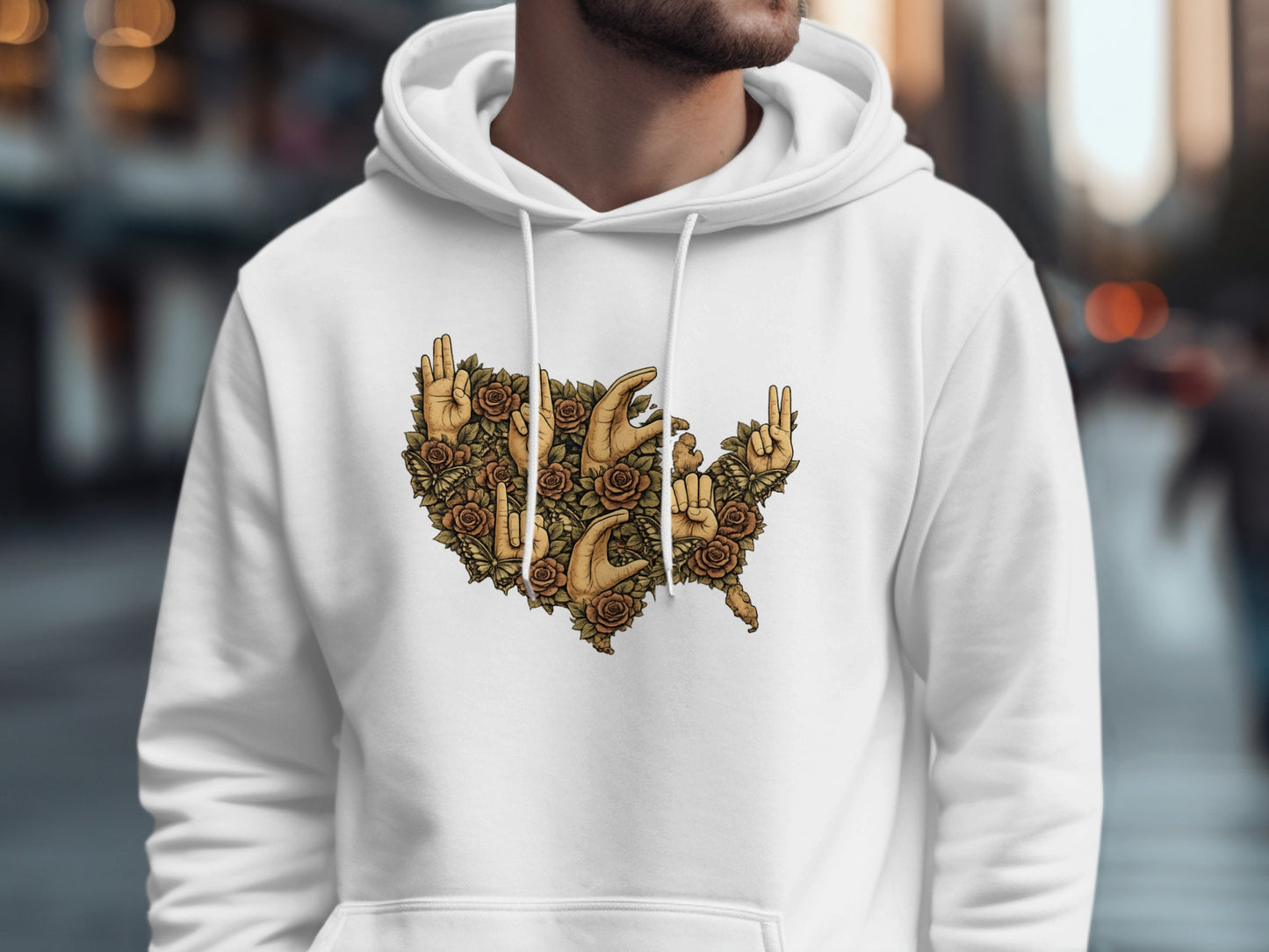 Unique Artistic Hand Sign Patterns on a Stylish Hoodie