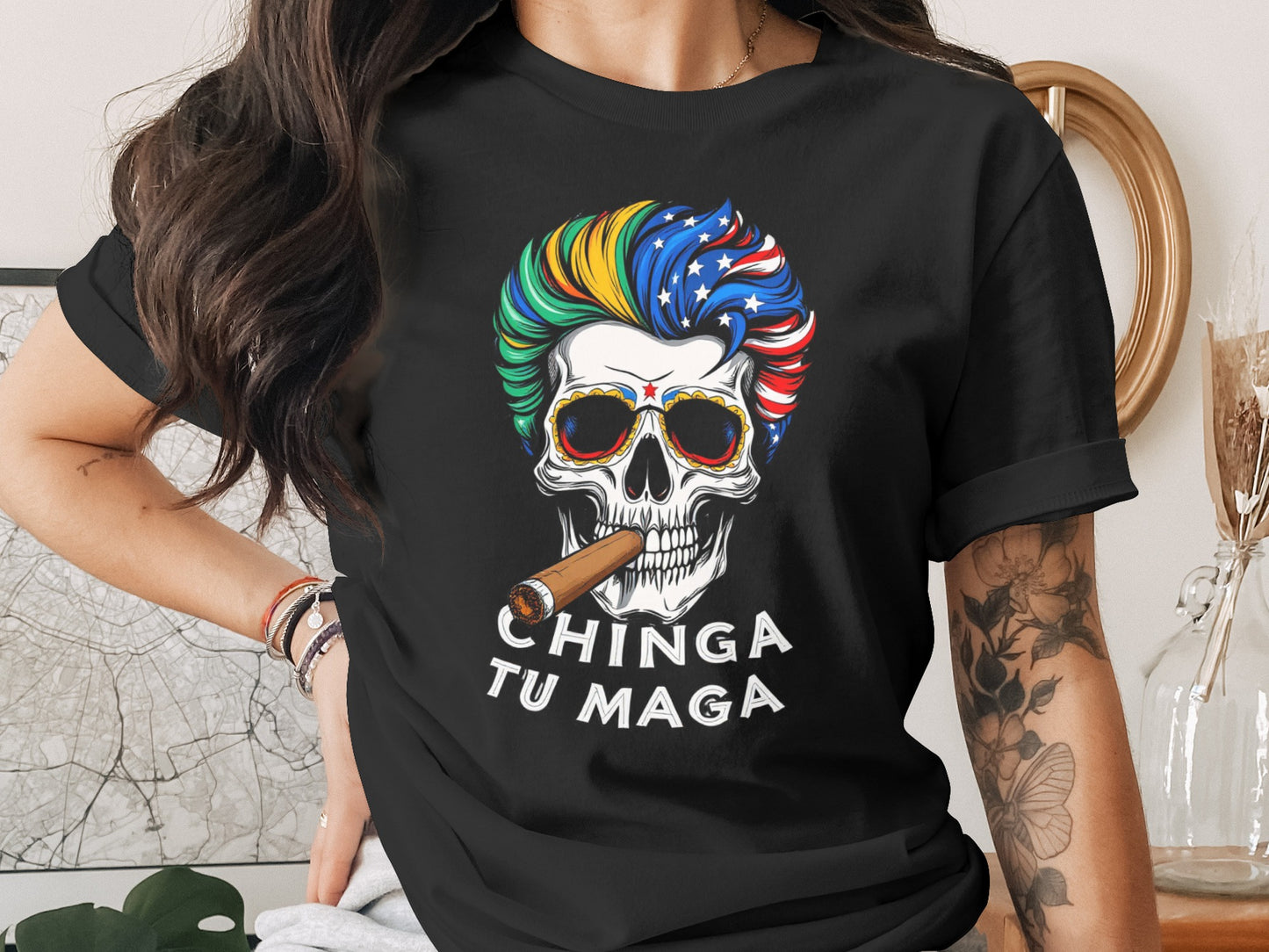 Colorful Skull Graphic Tee with Slogan print on product type