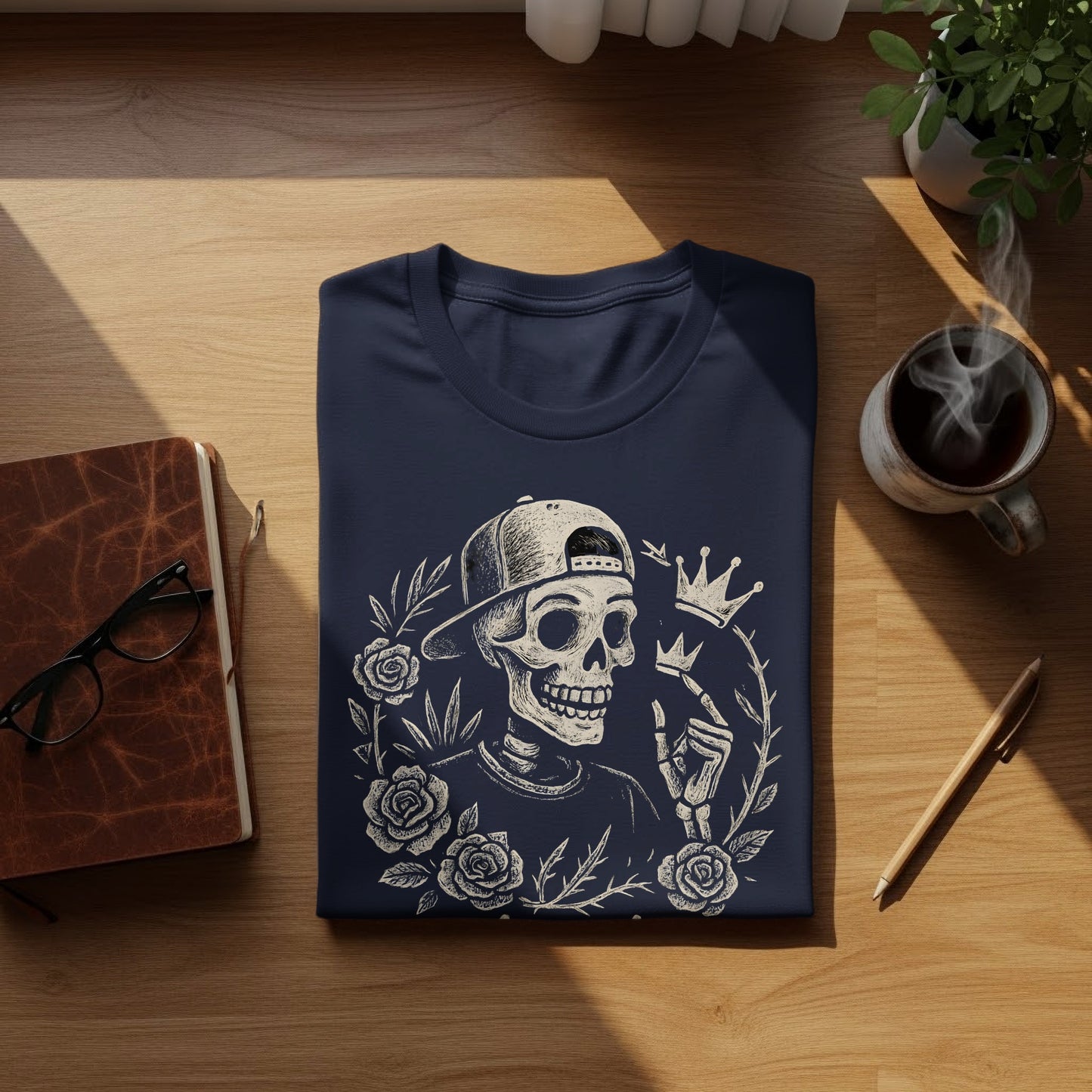 Skull with Crown and Roses Graphic T-Shirt