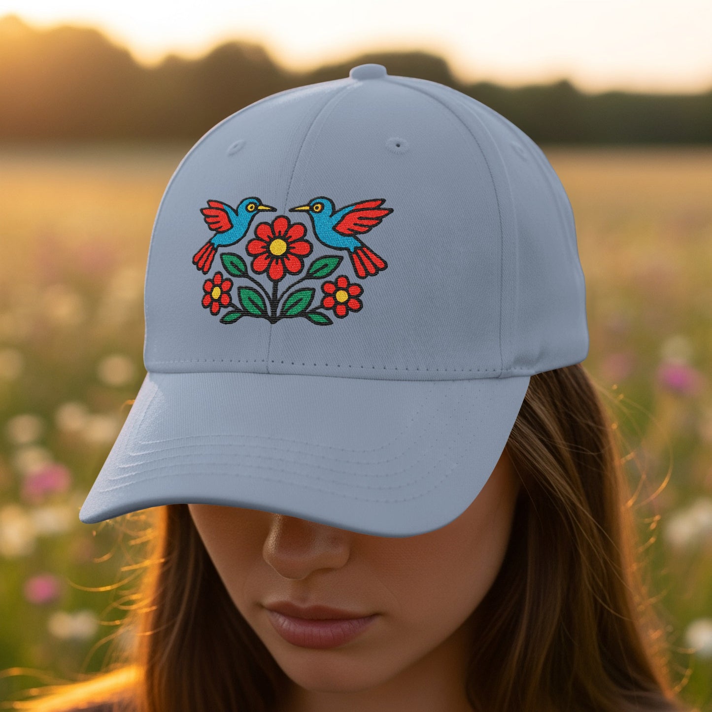Hummingbird and Flower Embroidered Cap Hat product type