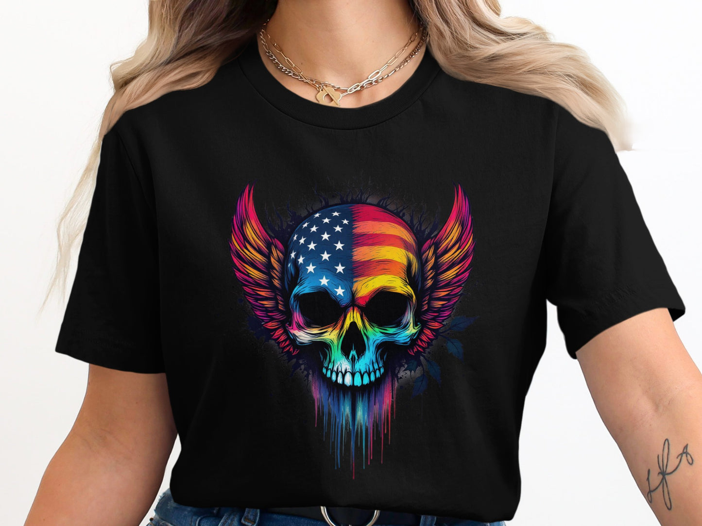 Vibrant Multicolor Winged Skull Design Tshirt Product