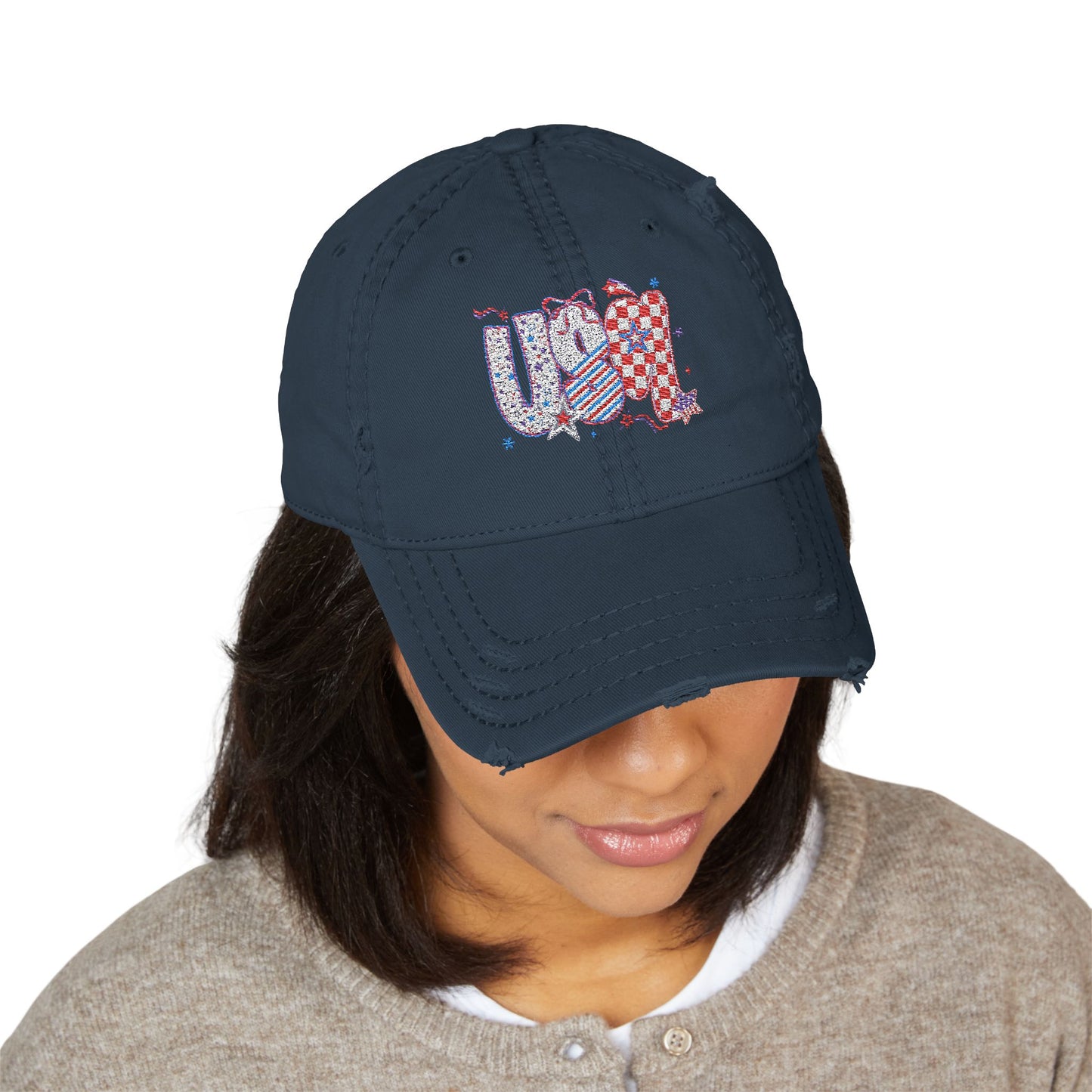 4th of July Hat Distressed Cat Dad Hat with Embroidery | Casual Fashion, Gifts for Cat Lovers, Outdoor Style, Father's Day, Everyday Wear
