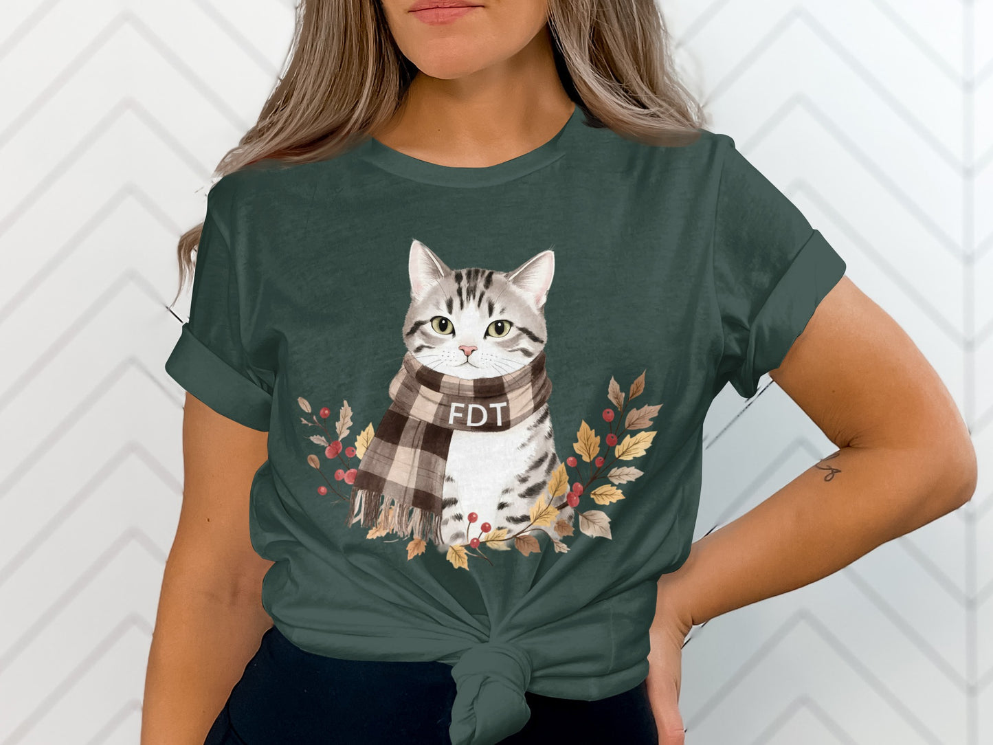 Cute Cat with Scarf Design Graphic T-shirt