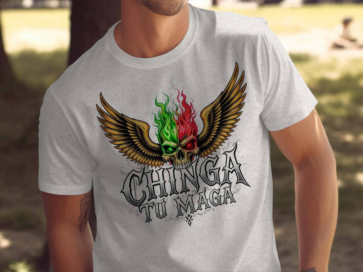 Chinga Tu Maga Glowing Skull Wings T-shirt product