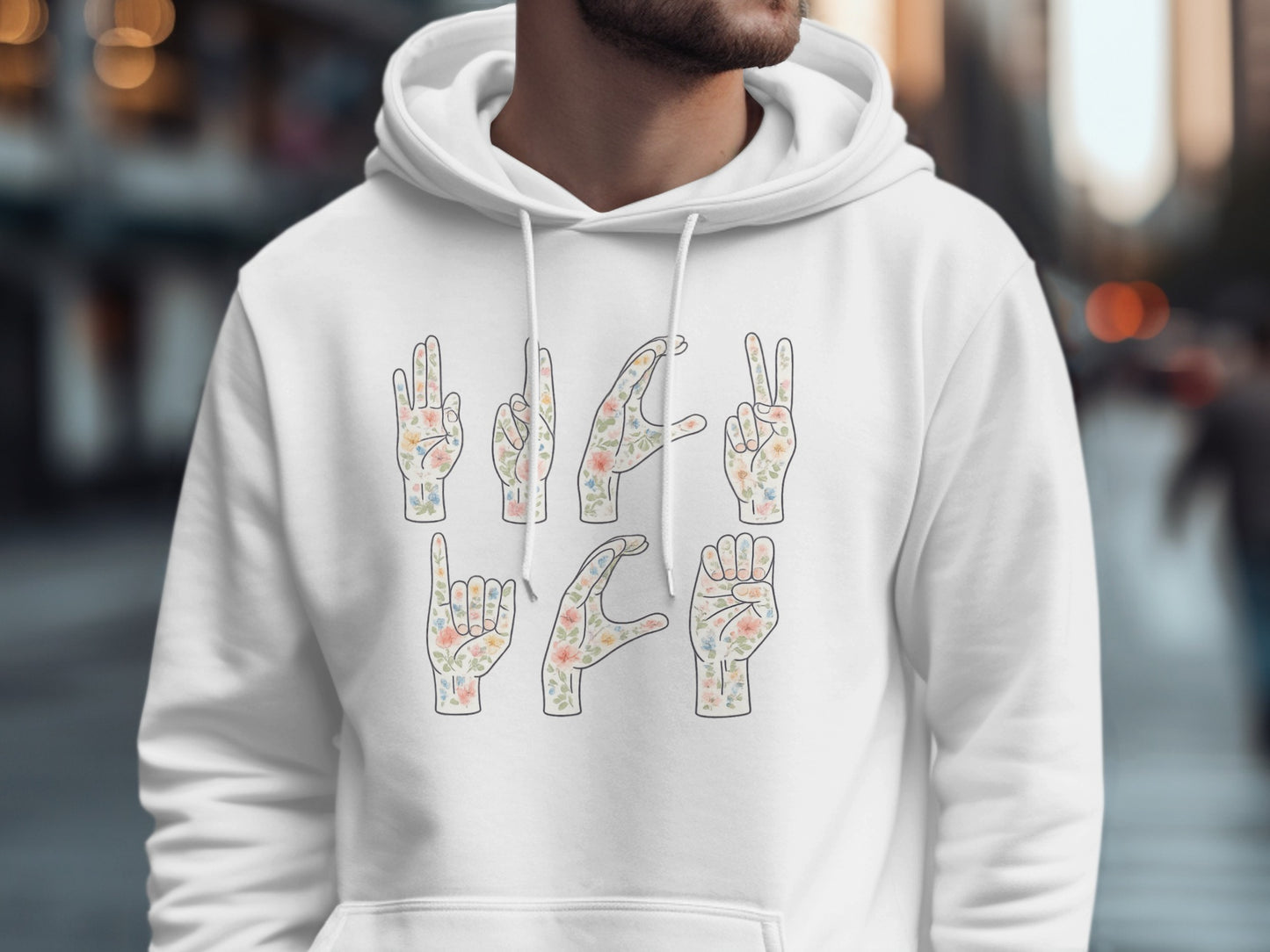 Floral Hand Sign Design on White Hoodie Product