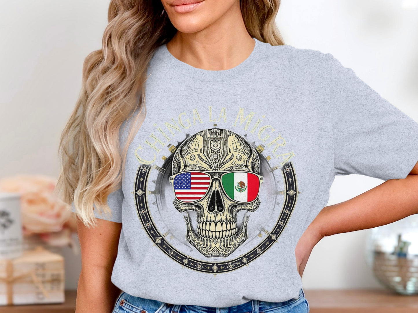 Chinga La Migra Skull Design Short Sleeve Shirt product