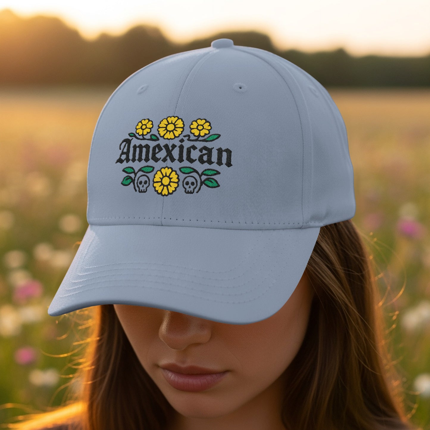 Amexican Floral and Skull Embroidered Cap product