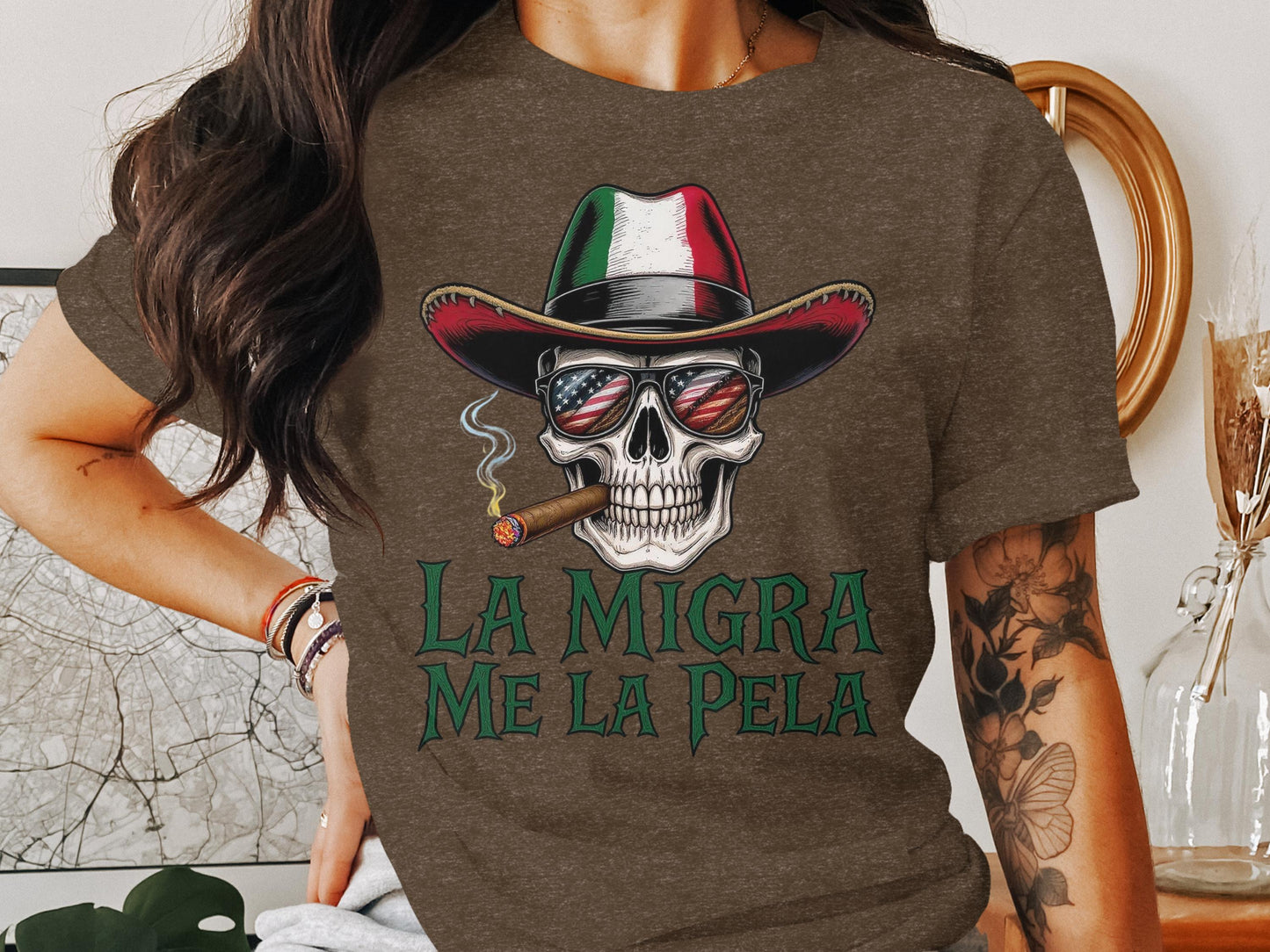 La Migra Me La Pela Skull Cowboy Hat T-Shirt product