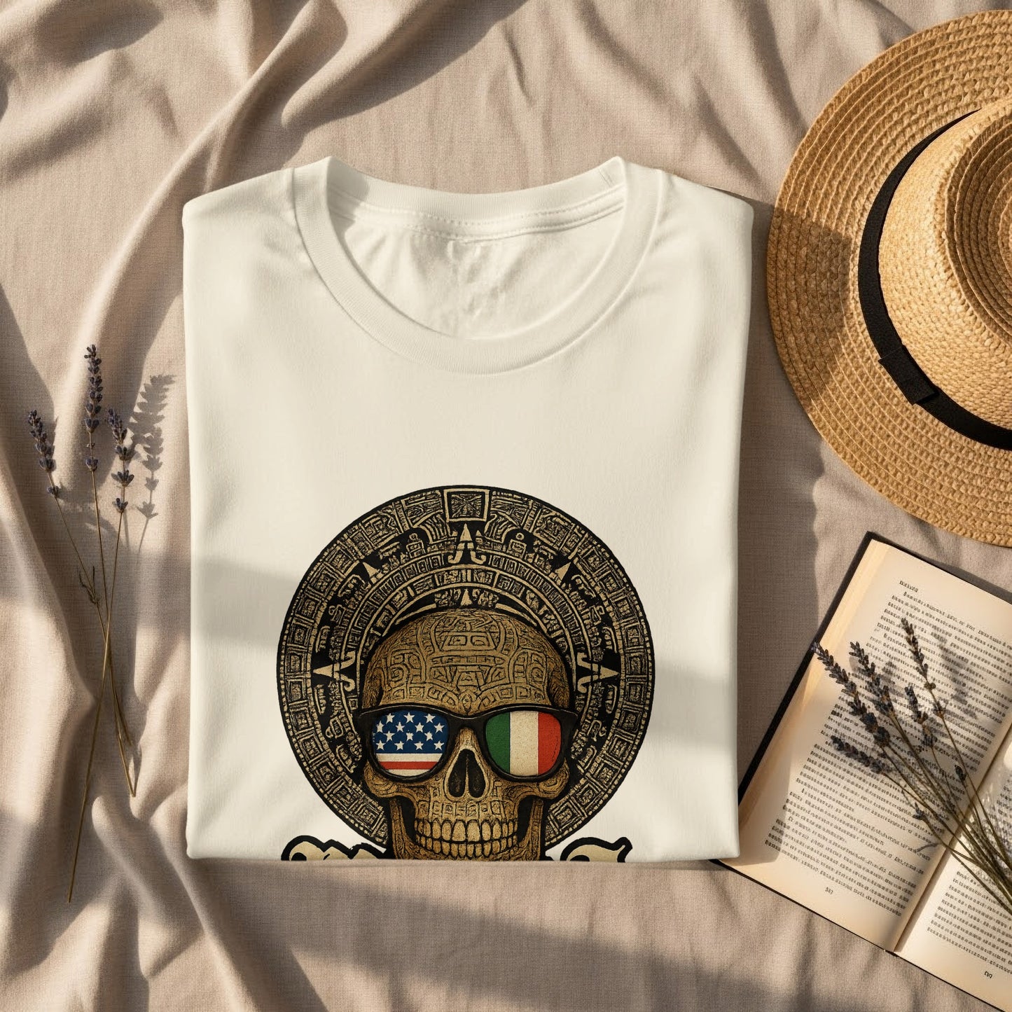 Aztec Skull with Flags Design Printed T-Shirt product