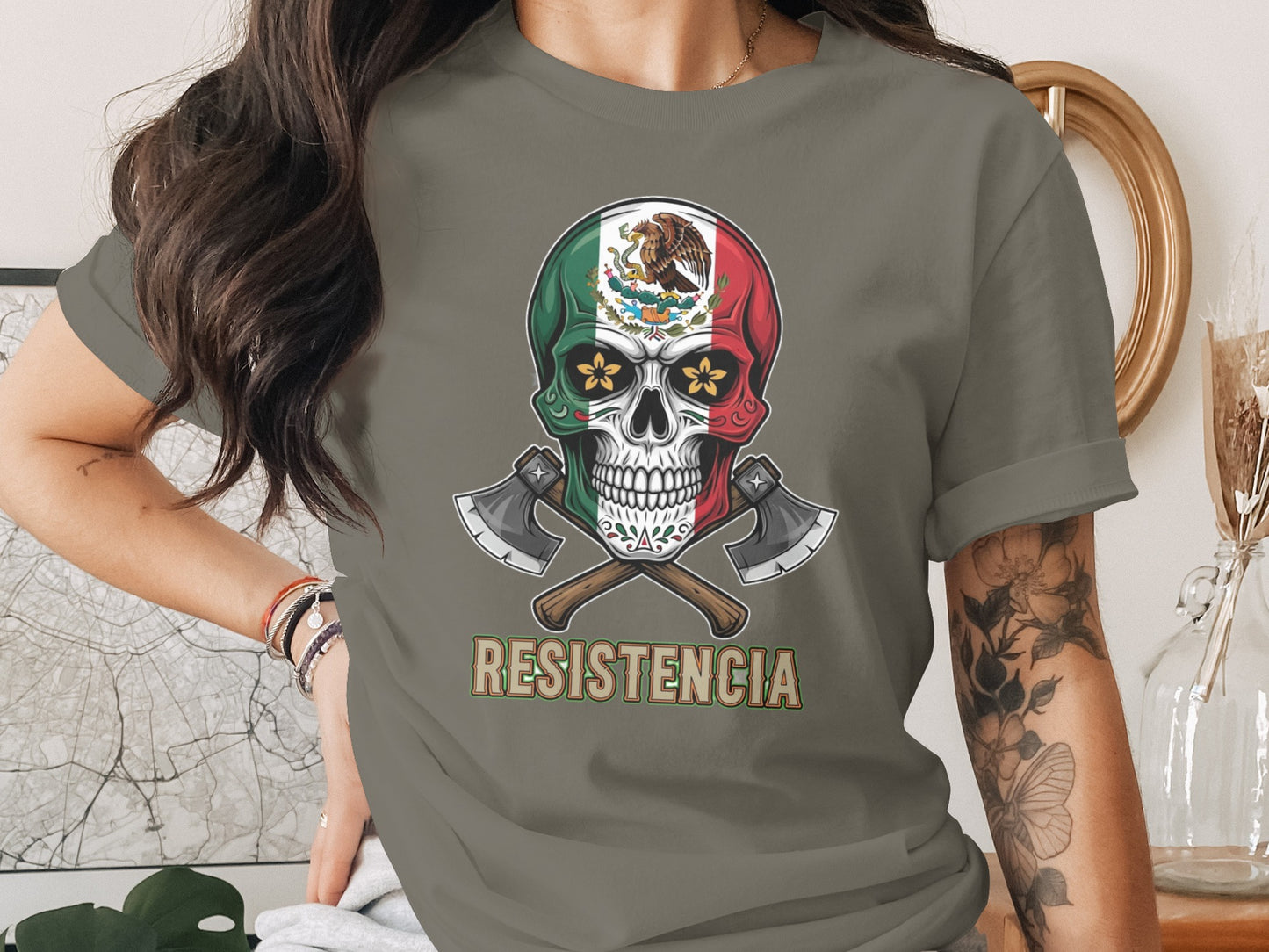 Mexican Flag Skull Crossed Axes Resistencia T-shirt product