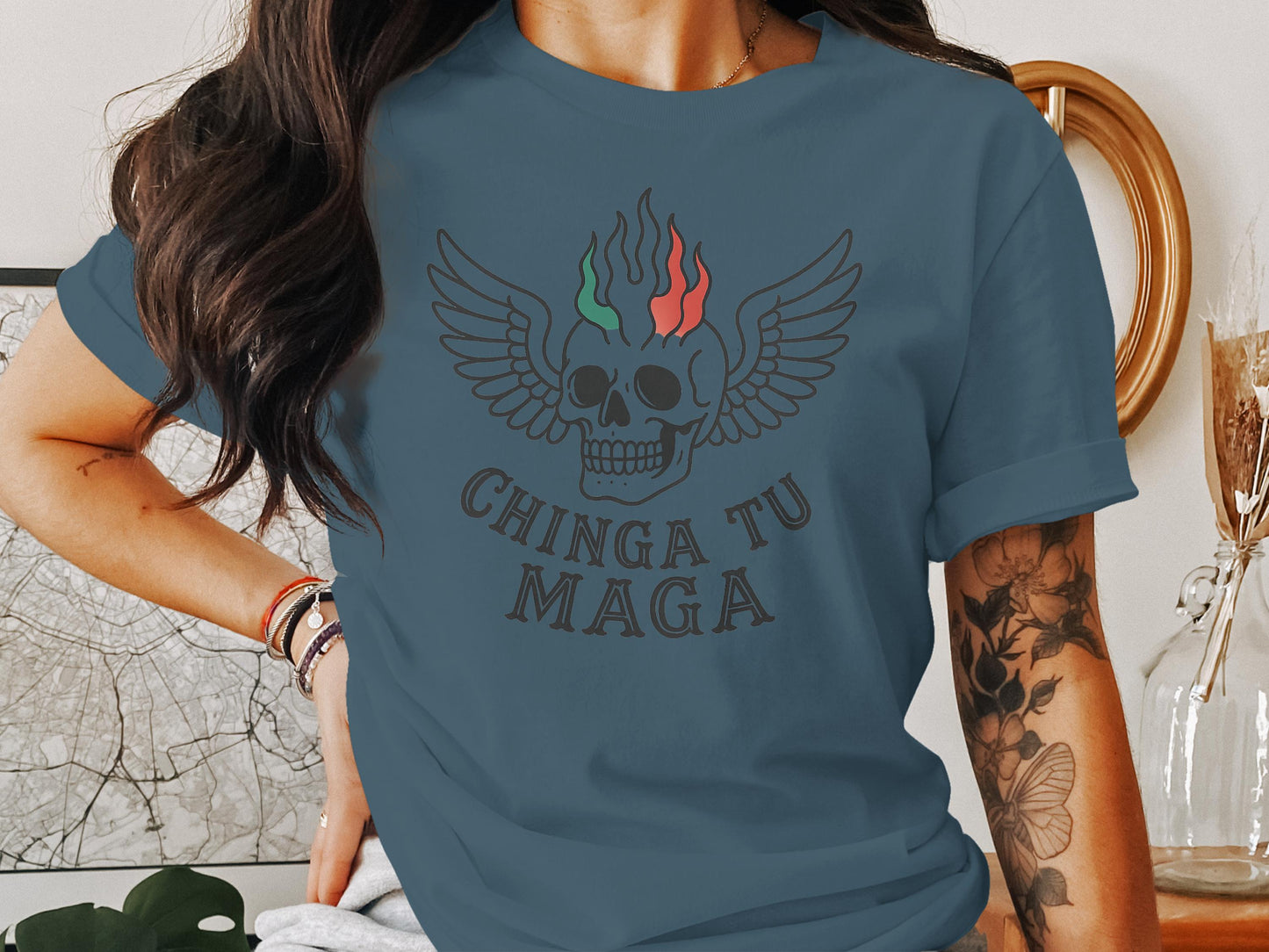 Chinga Tu Maga Skull Wing Design Short Sleeve Shirt