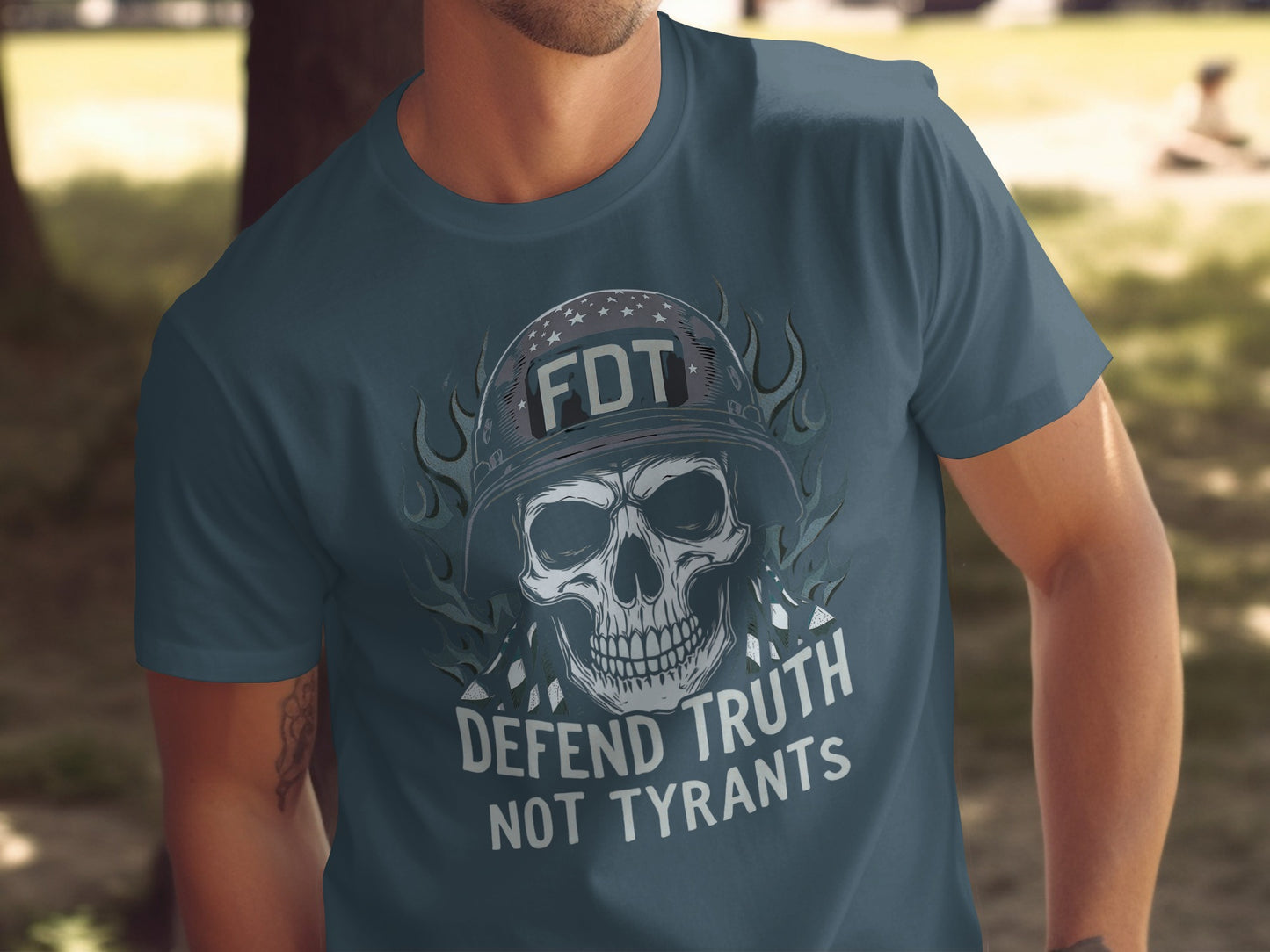Defend Truth Not Tyrants FDT Skull Helmet T-shirt
