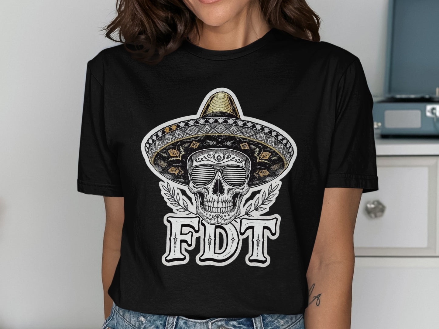 Skull Wearing Sombrero Graphic Black T-Shirt product