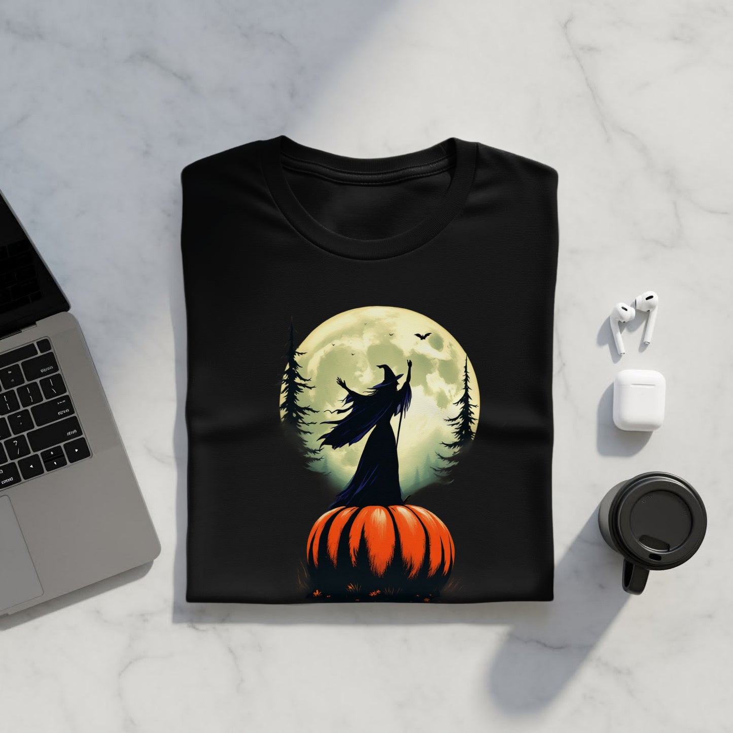 Witch and Pumpkin Halloween Moon Graphic Shirt product