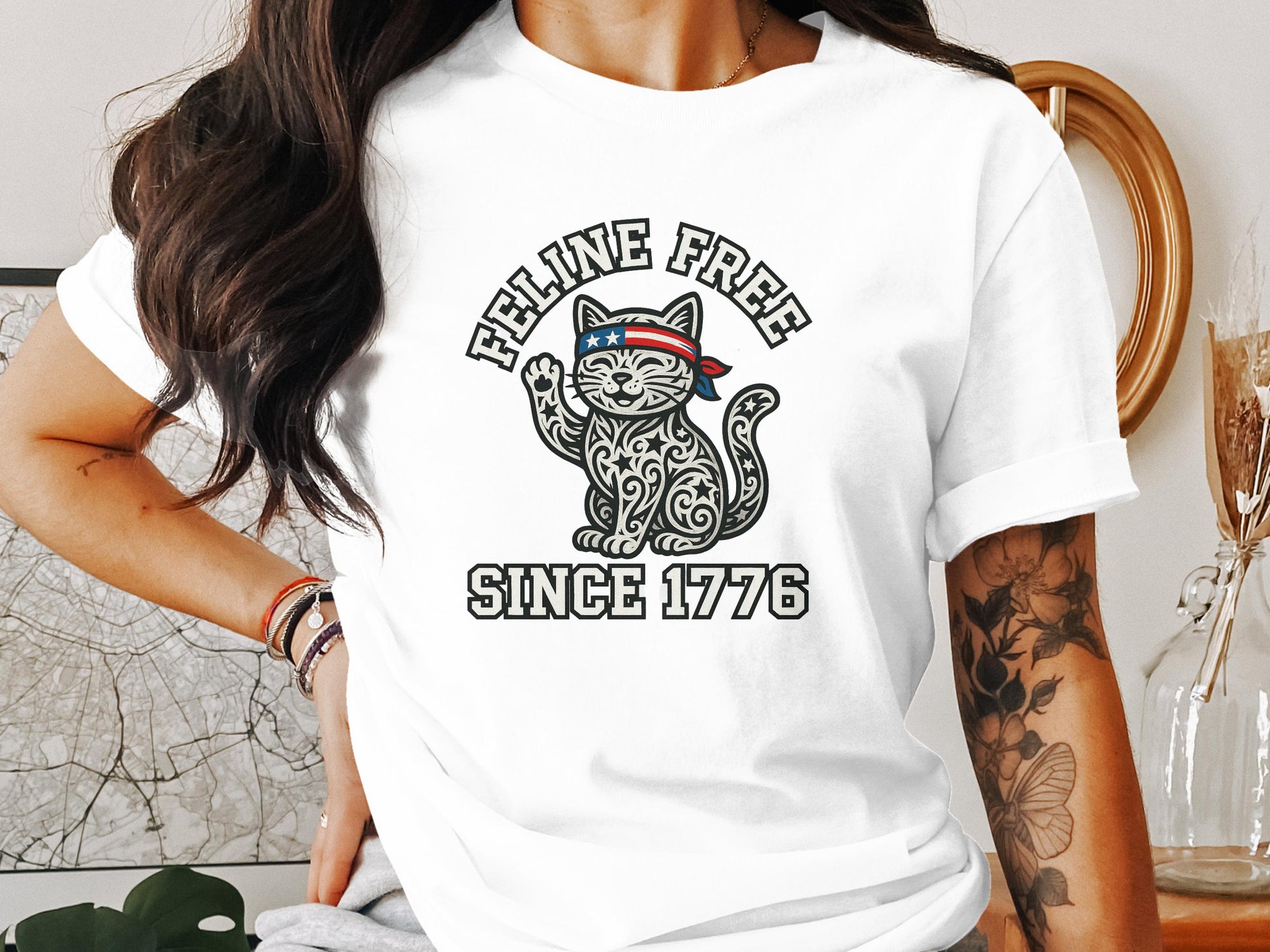 Feline Free Since 1776 Cat Design White Graphic Tee product type