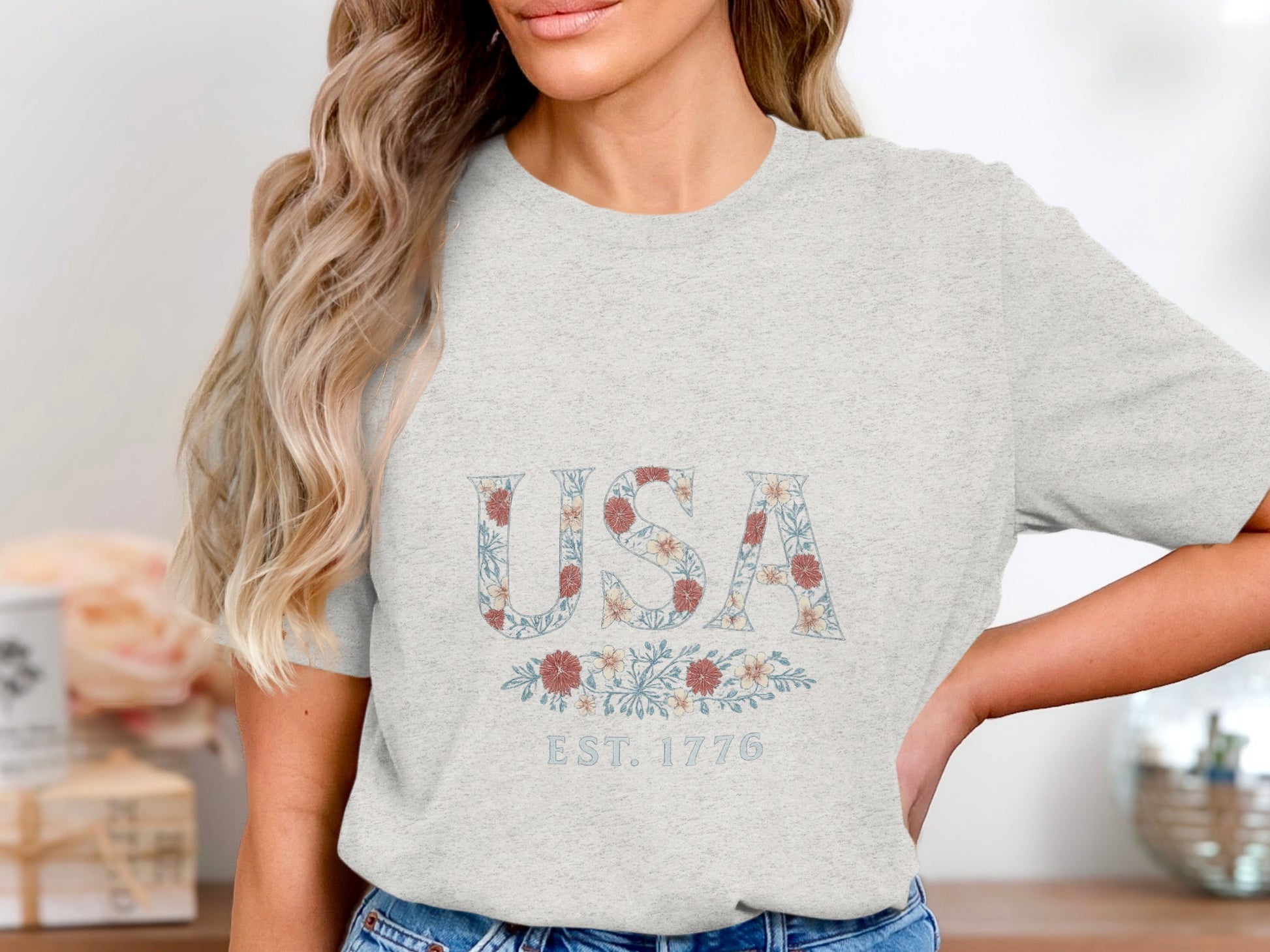 Stylish Patriotic USA Floral Graphic Tee Shirt Product