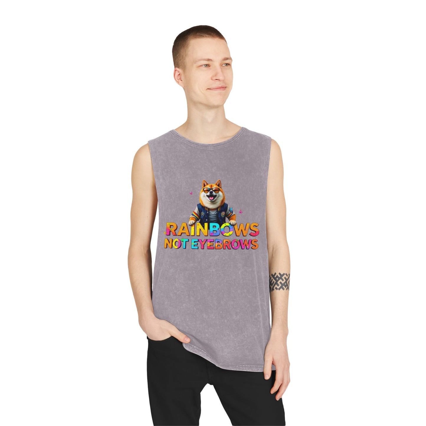 Unisex Stonewash Tank Top - 'Rainbows Not Eyebrows' Graphic Tee