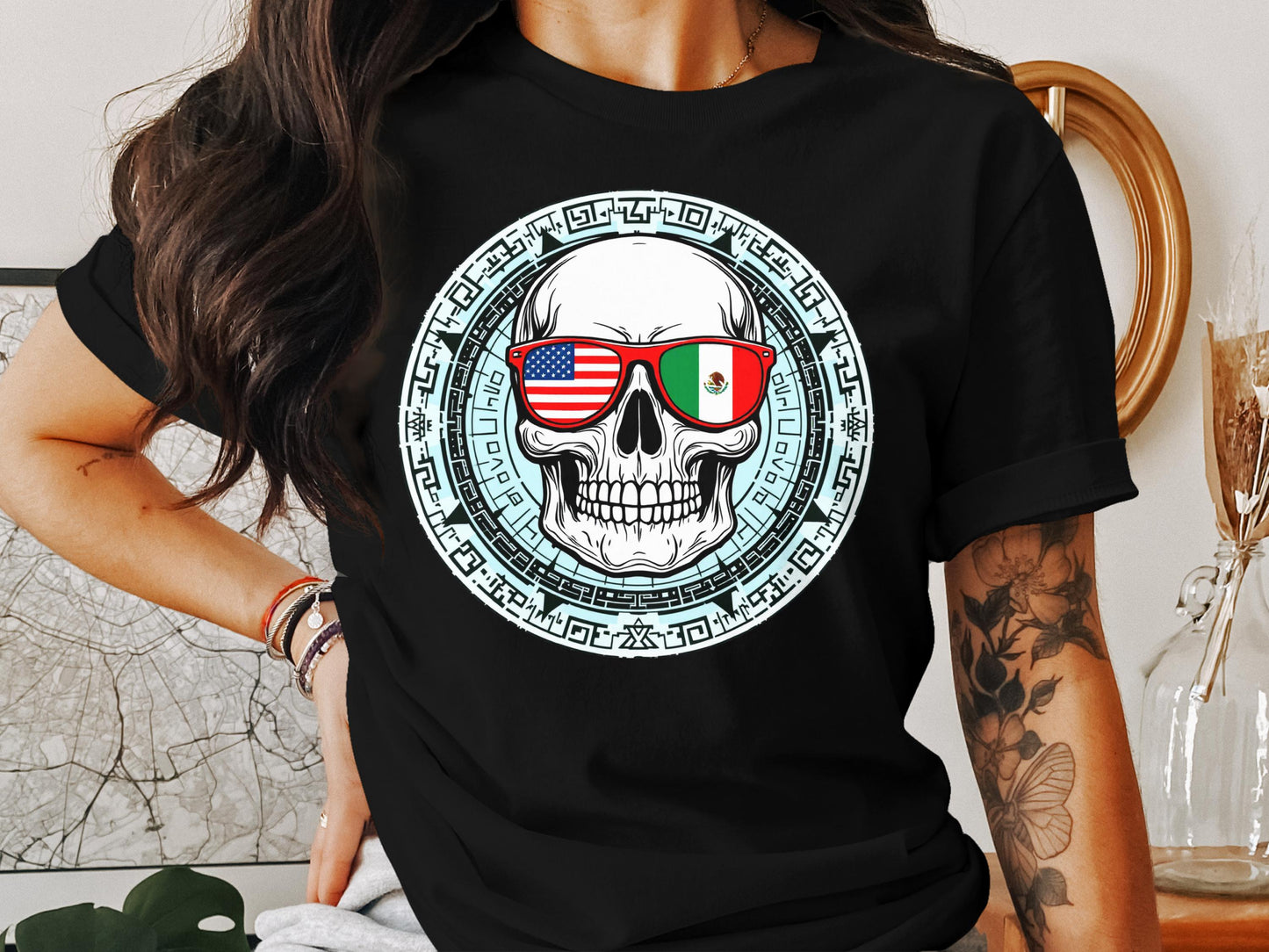 Skull with Sunglasses American and Mexican Flags Product Type