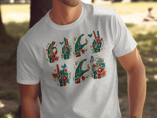 Colorful Hand Sign Language T-Shirt with Artistic Design