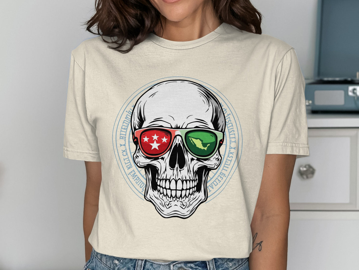 Stylish Skull Graphic Tee with Retro Sunglasses product type