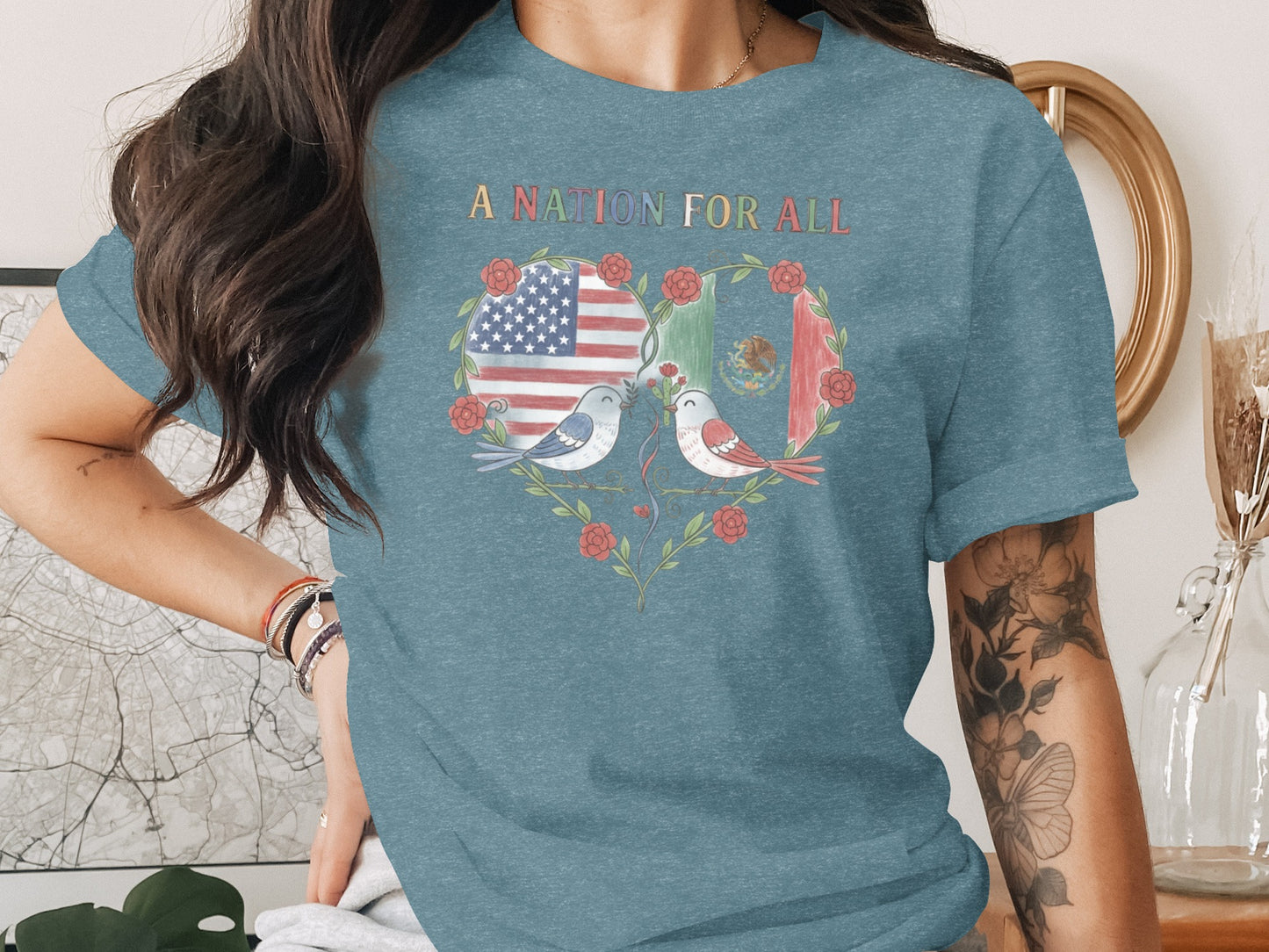 A Nation For All Heart and Flags Design T Shirt