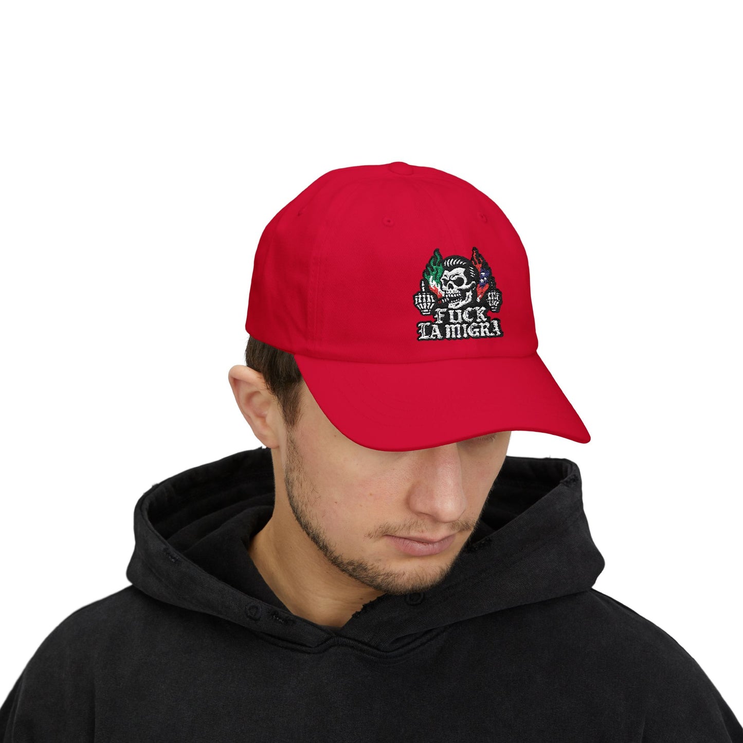 Fuck La Migra Anti Trump Embroidered Hat, FDT, Chinga Tu Maga Classic Dad Cap with Skull Design, Adjustable Hat for Casual Wear, Unique Gift for Dads, Birthday, or Holiday Use