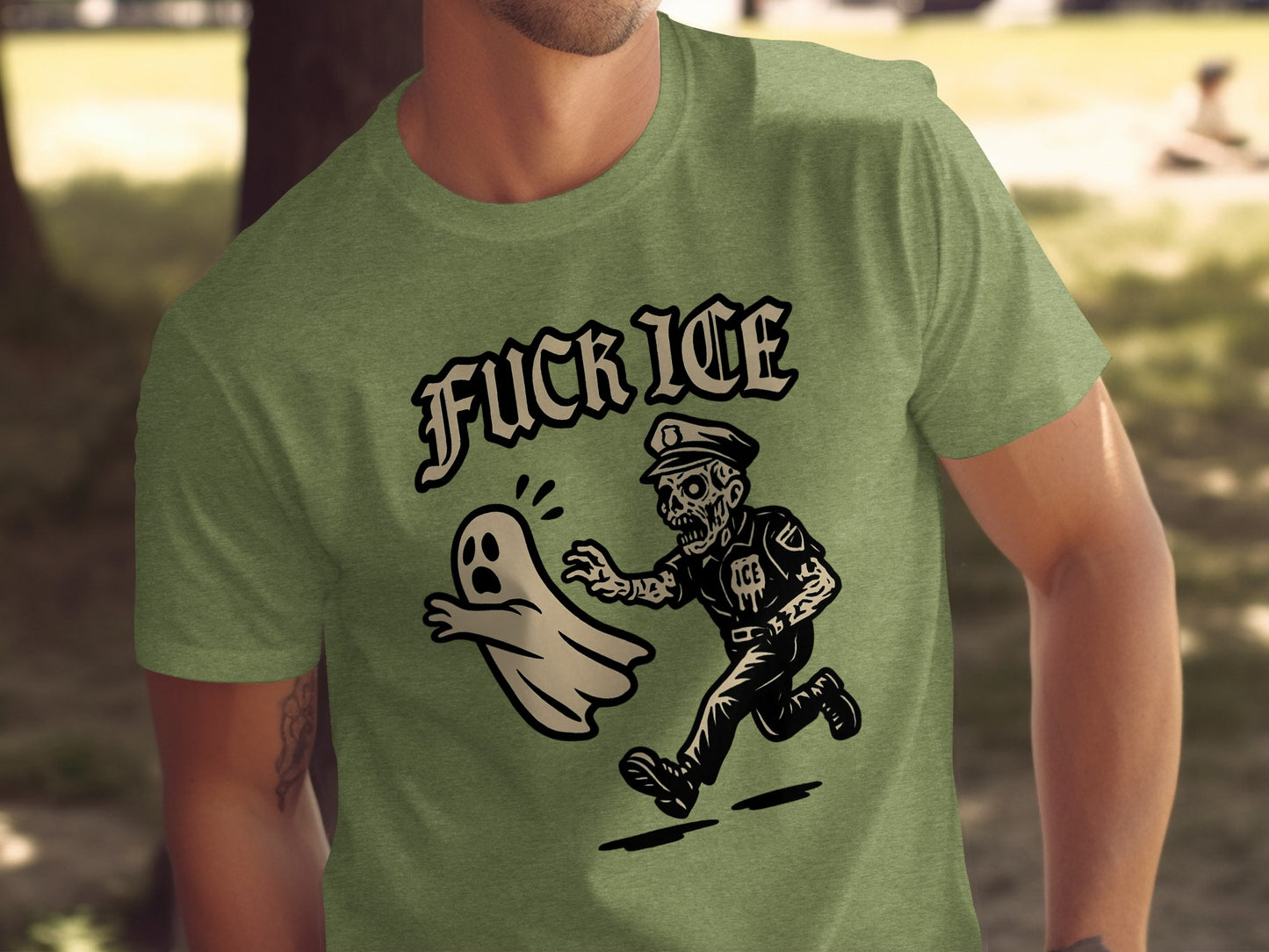 Fuck Ice Ghost Being Chased Graphic Tee Shirt Product
