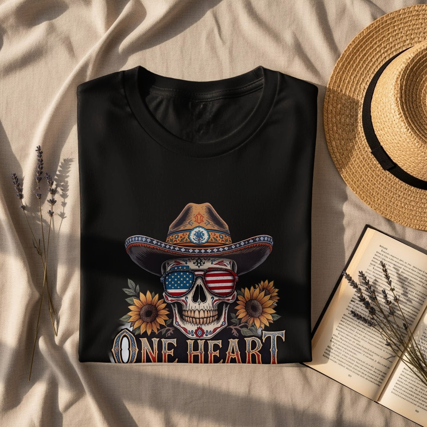 One Heart Skull with Hat and Sunflowers Shirt product