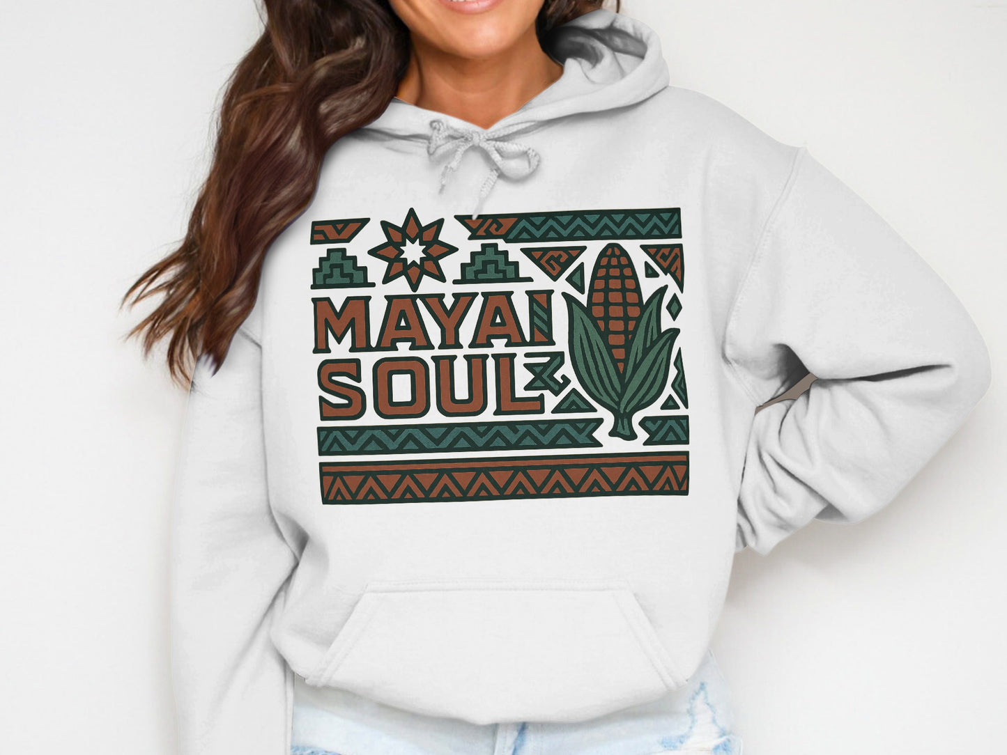 Maya Soul design on white cozy hoodie product type