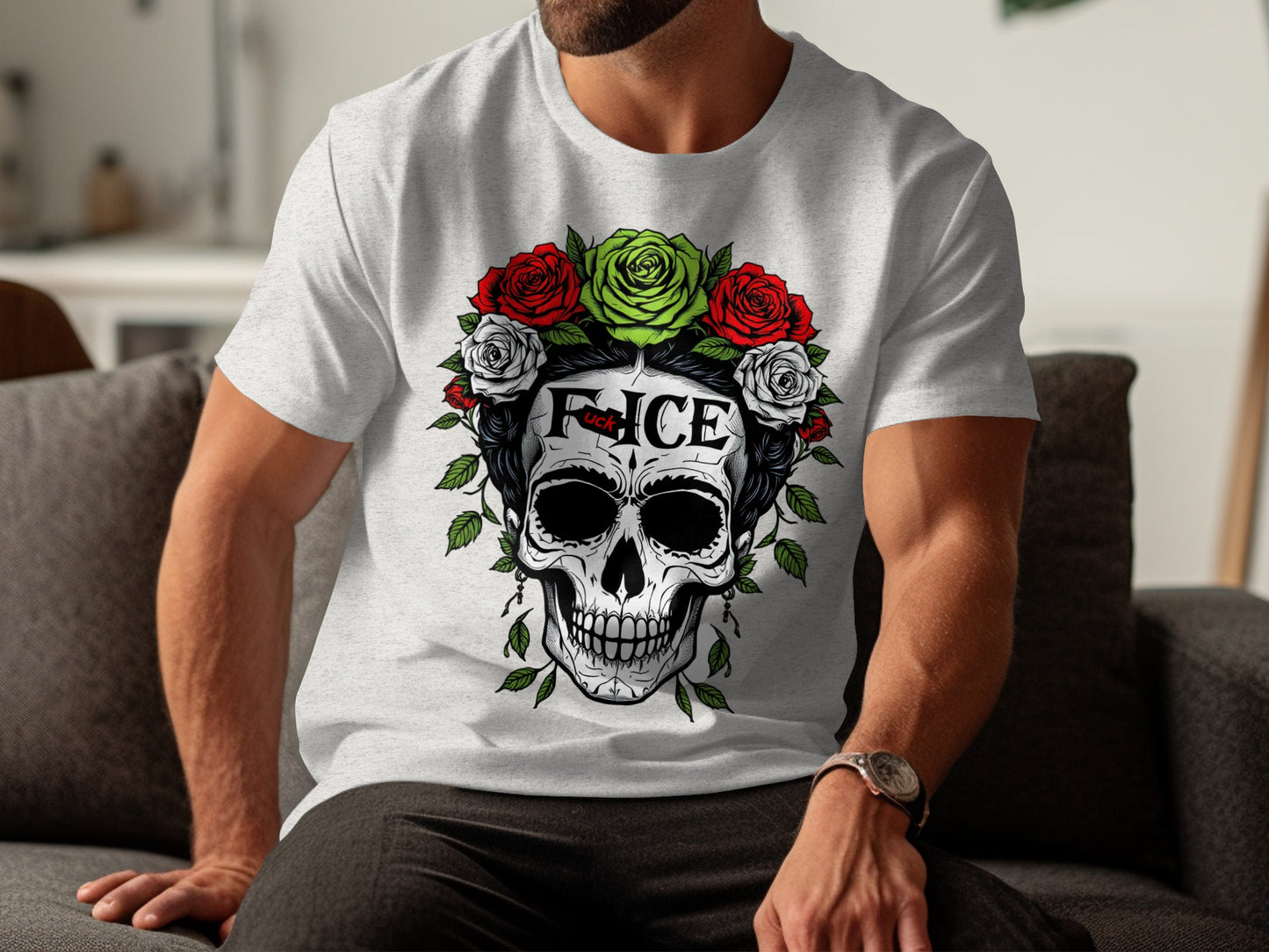 Skull with Roses Graphic Design Short Sleeve Shirt product type