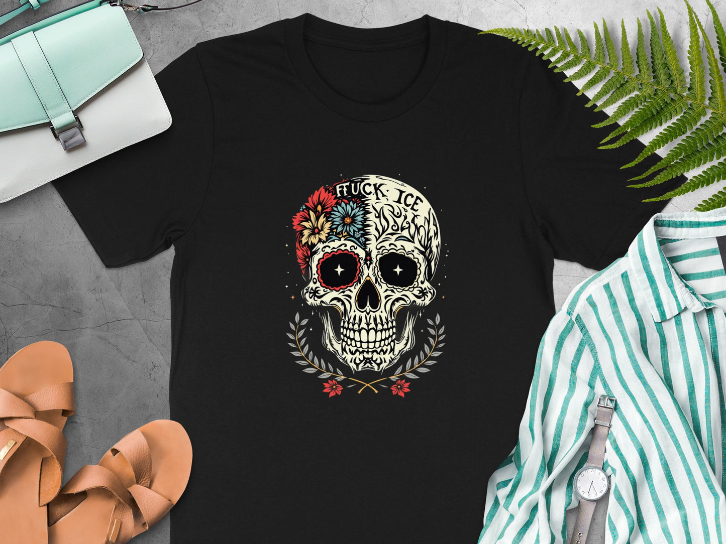 Skull with Roses and Lettering Design T-Shirt product type