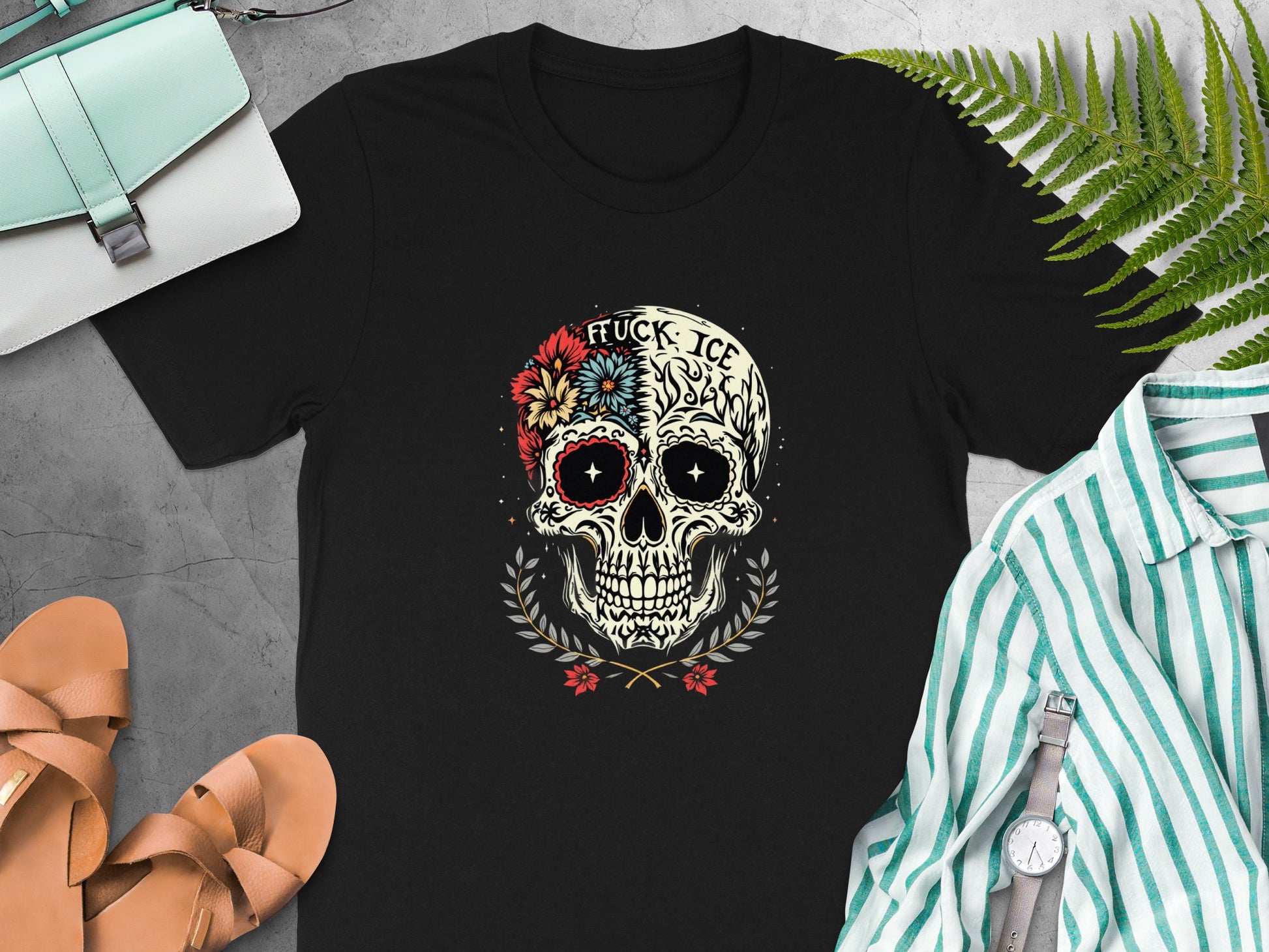Skull with Roses and Lettering Design T-Shirt product type