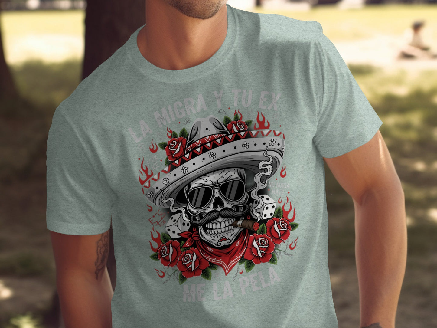 La Migra Y Tu Ex Me La Pela Skull Graphic Tee product